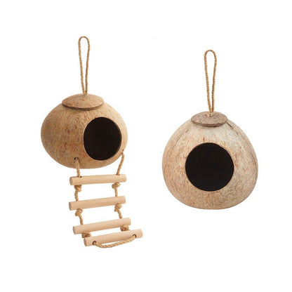 Natural Coconut Bird Nest Cage Pet Parrot Parakeet Safe Hut Feeder Shell Home - Rope type