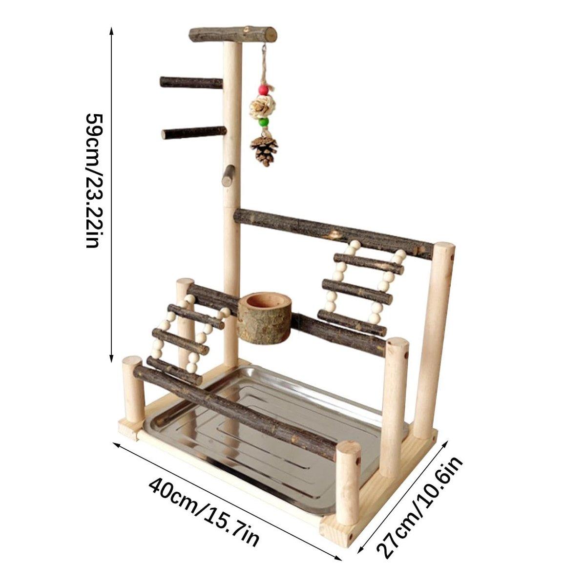 Wooden Parrot Stand Pole Interactive Bird Stand with Food Bowl Climbing Ladder