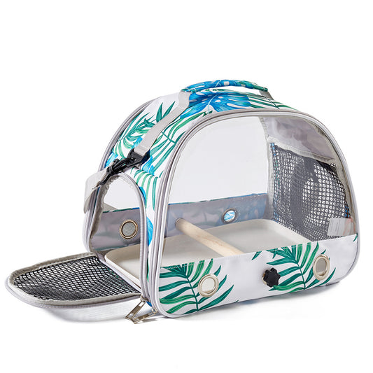 Stylish Leaf Print Clear View Bird Carrier - Portable Travel Cage with Perch & Tray for Parrots, Cockatiels & Small Pets