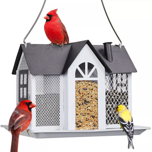 Charming House-Shaped Hanging Bird Feeder - Durable Metal Design for Wild Birds(white)