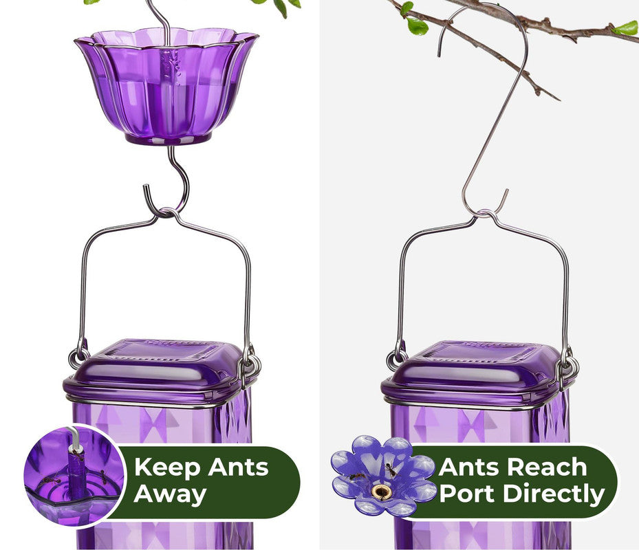 Elegant Hanging Hummingbird Feeder - Decorative Glass Nectar Bottle with Ant Moat, 6 Feeding Ports(Red)