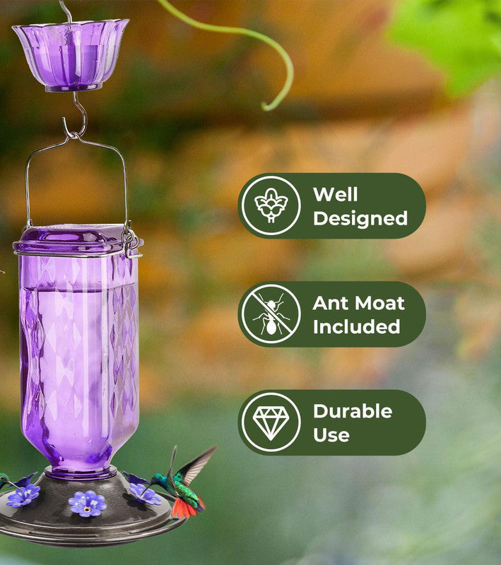 Elegant Hanging Hummingbird Feeder - Decorative Plastic Nectar Bottle with Ant Moat, 6 Feeding Ports(Blue)